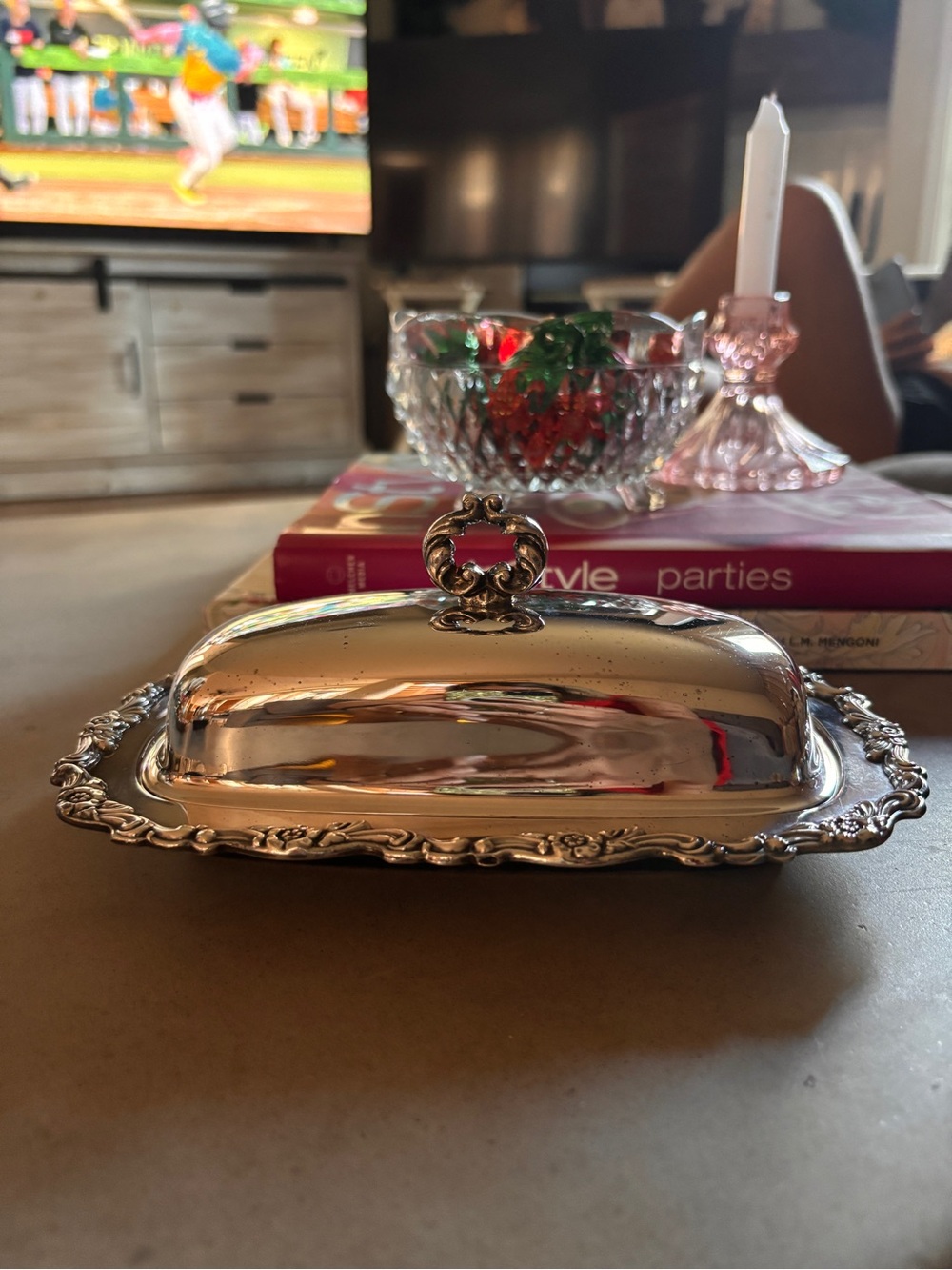 Vintage Silverplate Covered Butter Dish Ornate Floral Scroll Border 8” x 5”